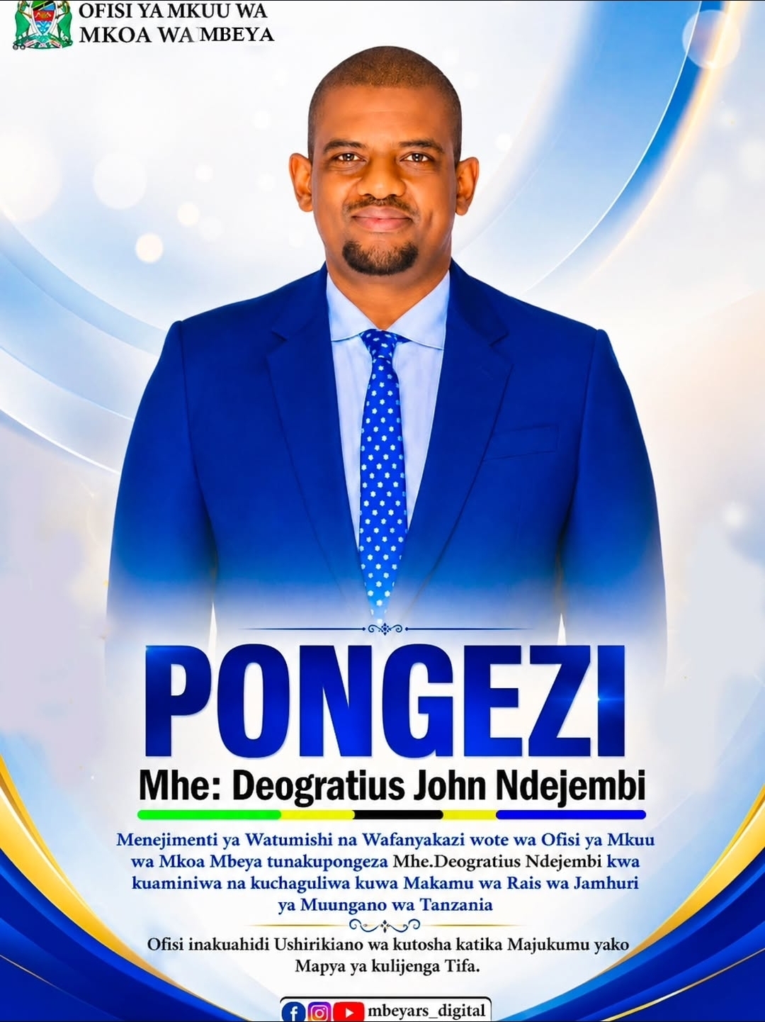 SALAMU ZA PONGEZI KUTOKA OFISI YA MKUU WA MKOA MBEYA